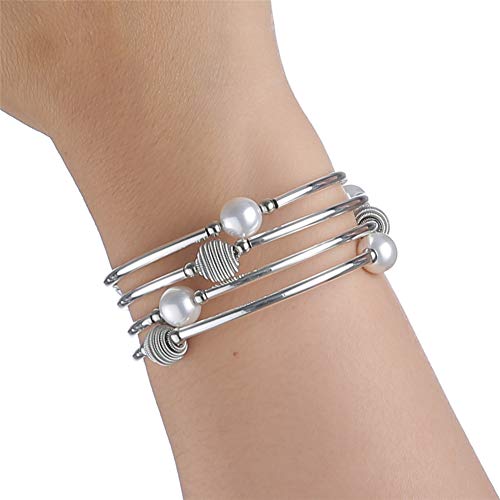 Beaded Chakra Bangle Turquoise Bracelet - Fashion Jewelry Wrap Bracelet with Thick Silver Metal and Mala Beads, Birthday Gifts for Women (White Shell Pearl)