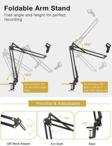 Adjustable microphone arm stand with screw attachment, suitable for Yeti microphone.