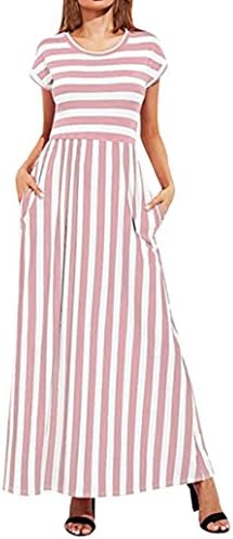 FORUU Dresses for Women Summer Short Sleeve Elastic Waist Striped Maxi Pockets