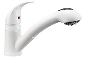 Dura Faucet DF-NMK852-WT RV Pull-Out Swivel Single Handle Kitchen Sink Faucet - One-Hole (White)