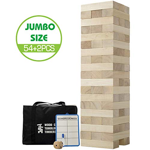 Giant Tumbling Timbers, Gentle Monster Wooden Toppling Tower, Classic Outdoor Games Stacking Toys for Adult Kids Family, Jumbo Hardwood Blocks Lawn Games 56Pcs 5 Feet