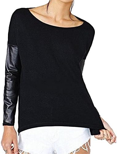 Tirahse Popular Women Raglan Sleeve PU Basic Sweater Pullover T Shirt Black 2XL