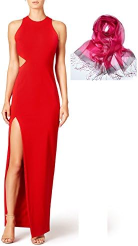 ANNN Women's Sexy Exposed-Waist Red Custom Party Evening Dress With a 200CM Rose Silk Scarf
