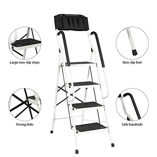 Go Big 4 Step Folding Portable Home Ladder Stool, Ladder with Tool Bag
