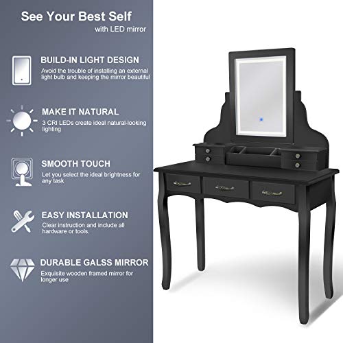 LED Vanity Table,7 Drawers Makeup Dressing Table with Cushioned Stool-Black