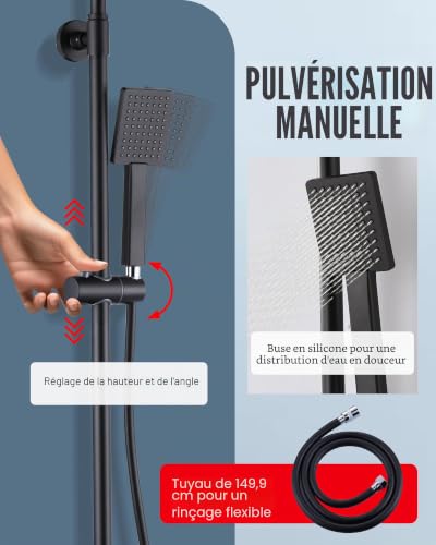 ARCORA Thermostatic Shower Column with 2 Modes Hand Shower and Large 360° Swivel Ceiling Shower Head, Telescopic Bar Adjustable in Height, G1/2 Connection, Black