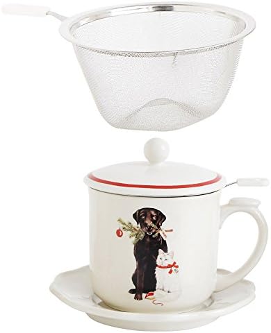 4 Pc Set White Ceramic Stoneware Christmas Tea Strainer Mug &amp; Saucer with Lid, Chocolate Lab and Cat