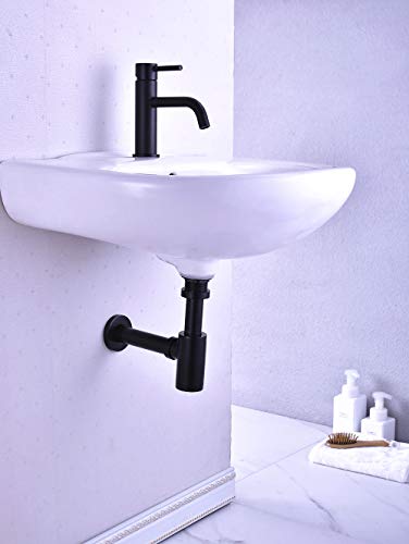 GORDEE Bathroom Sink Round Bottle Trap Solid Brass Bottle Waste P-Trap Drain Kit Tube and Pop Up Drain Stopper Set with Overflow, Brushed Chrome Matte Black