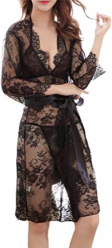 ResportsNNT See Through Sexy Lingerie Medium Long Eyelash Lace Robe and Panty For Women (Black, L)