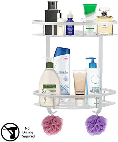 2-Tier Bathroom Shower Shelf Anti-Rust Aluminum Corner Shower Shelf Adhesive No Drilling Organizer Storage 12” x 9” x 14” Basket Caddy Holder for Bathroom Bedroom Kitchen - Hardware and Glue Included