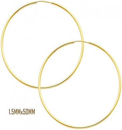 14K Yellow Gold 50 mm in Diameter Endless Hoop Earrings with 1.5 mm in Thickness