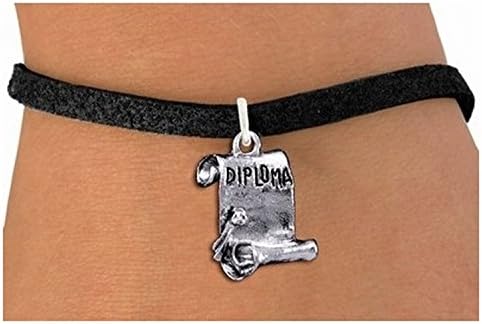 Detailed Silver tone Diploma Scroll Charm & Bracelet - Black