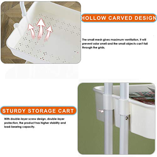 JAKAGO 3-Tier Rolling Utility Cart Storage Shelves Multifunction Trolley Cart with Mesh Basket, Handles and Wheels Adjustable Service Cart for Office, Kitchen, Bedroom, Bathroom, Laundry Room (White)