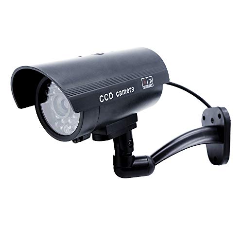 Dummy Security Camera Bullet Fake CCTV Outdoor Indoor Imitation Wall and Dome Surveillance with Flashing Blinking LED, Warning Sticker, 4 Packs, Black