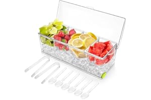 Jucoan Large Ice Chilled Condiment Server with Lid, 4 Compartments Ice Cooled Condiment Caddy, Bar Garnish Serving Platter Ho
