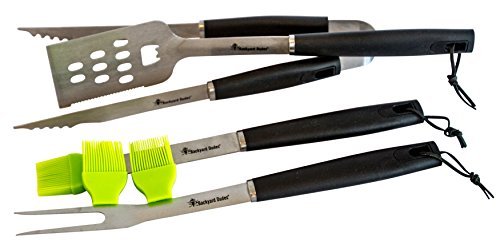 Backyard Dudes BBQ Grilling Tools 4 Pc Stainless Steel Professional Grade Heavy Duty Utensils -Spatula Tongs Fork Silicone Brush- Great For Patio Barbecue Party BBQ Grilling Accessories