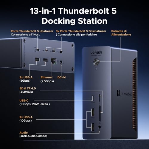 UGREEN Revodok Max Thunderbolt 5 Docking Station USB C 13 in 1 120Gbps Multi Schermo Dock Thunderbolt 5 con 4*TBT5 Multi USB 3.2 RJ45 2.5GbE Lettore di Schede SD TF 4.0 Jack 3.5mm Carica 140W Max