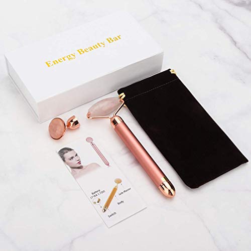 2-IN-1 Electric Jade Roller Facial Massager, Nature Rose Quartz Beauty Bar Face Roller Kit, Arm Eye Nose Massage Stone for Face Lift,Anti-Aging,Anti-Wrinkles,Skin Tightening,Face Firming