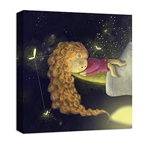 Canvas Wall Art Dream Girl Sleeping with Fireflies Painting Artwork for Home Decor Framed for Children - 12x12 inches