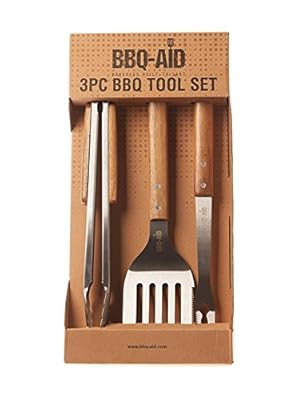 3 Piece Grilling Accessories Set - Tongs, Spatula & Fork - Heavy Duty Stainless Steel Barbecue Grill Tools with Solid Hard Wood Handles - By BBQ-Aid