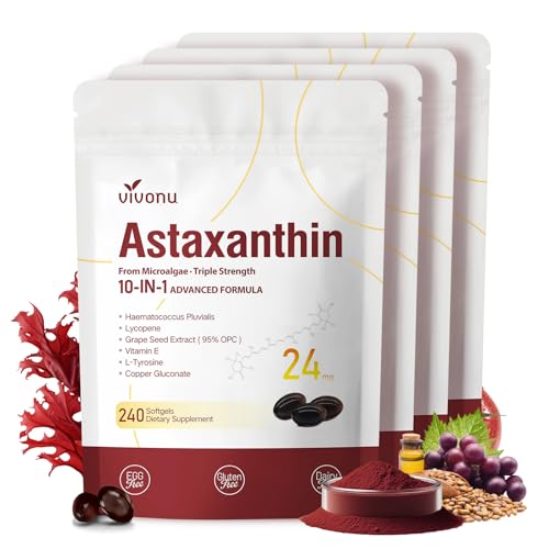 VivoNu Astaxanthin 24mg 960 Weichkapseln (4er Pack) – Aus Haematococcus Pluvialis-Mikroalgen gewonnen – Gentechnikfrei und Glutenfrei