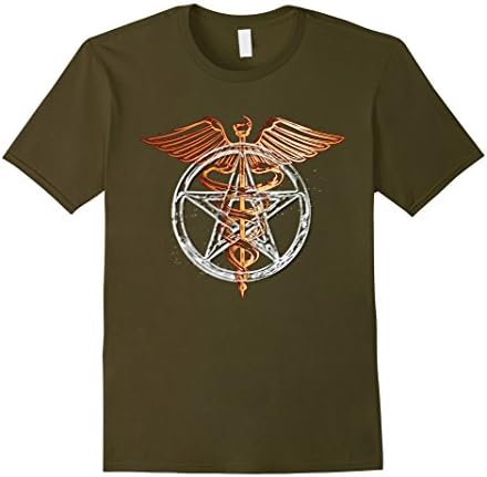 Mens Caduceus Pentagram shirt Large Olive