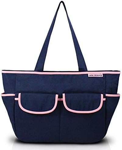 Jacki Design Mama &amp; Me Collection Solid Print Diaper Bag, Blue Color and Pink Details
