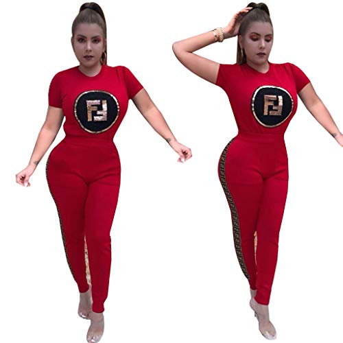 Women Two Piece Outfits - Short Sleeve Summer Sweatsuit Jogging Suit Pants Set Activewear Red L