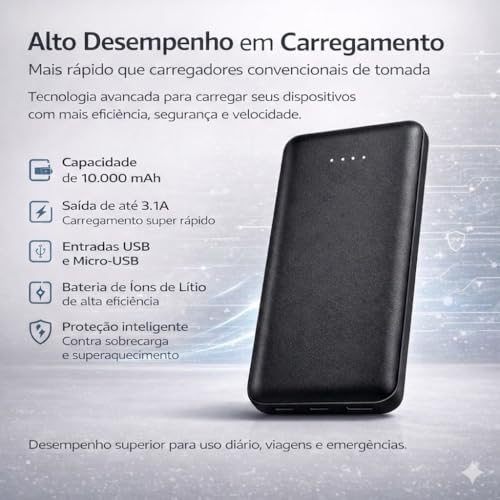 Power Bank Carregador Portátil Universal 10000mAh com Cabos Integrados USB-A, USB-C (Type-C), Micro-USB e USB-Light Carregamento Rápido Bateria Externa Compacta para Celular Android iOS