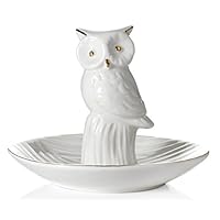 Beth Marie Luxury Boutique Owl Ring Holder Dish, Cute White with Real 24K Gold Plating Ceramic Engagement and Wedding Ring Holder