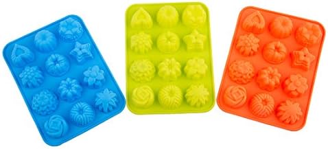 GORLD Silicone Bakeware Mold For cake, chocolate, Jelly, Pudding, Dessert Molds, 12 Holes With Flower, Heart Shape, Set of 3
