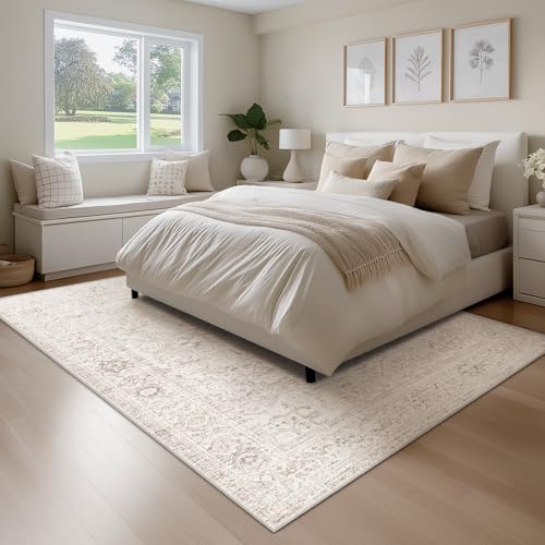 Fmfunctex 8x10 Washable Area Rug Beige Vintage Neutral Distressed Oriental Large Non Slip Carpet for Living Room Bedroom Soft Low Pile Tapis Salon Indoor Mat Retro Throw Rug for Dining Kitchen Office