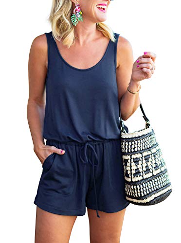 REORIA Womens Casual Summer One Piece Sleeveless Tank Top Striped Playsuits Short Jumpsuit Beach Rompers Navy Blue Small - Thumbnail 7