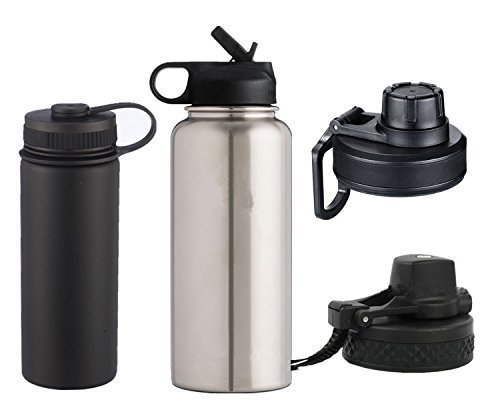 Click Here to See More Images Sports Water Bottles with Assorted Lids: Set of 2 BPA Free Stainless Steel Sport Hydration Bottles with 4 Lid Options - For All Sports - Small 20 oz Matte Black Bottle and Large 32 oz Silver Bottle