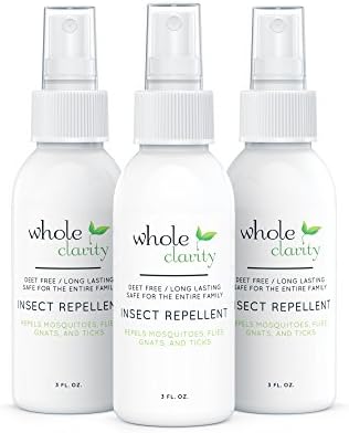 Natural Insect Repellent DEET-Free, Oil of Lemon Eucalyptus, Sprays Upside Down, Indoor &amp; Outdoor, and Kid Safe (3+ yrs), Non Greasy Bug Spray that Smells Great - By Whole Clarity 3.3 oz [Pack of 3]