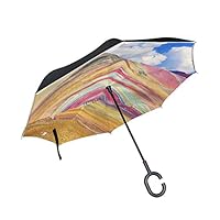 KUneh Double Layer Inverted Vinicunca Cusco Region Peru Montana De Umbrellas Reverse Folding Umbrella Windproof Uv Protection Big Straight Umbrella for Car Rain Outdoor with C-Shaped Handle