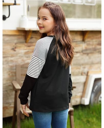 FOENLINTENSO GIRLS TOPS CASUAL LONG SLEEVE SHIRTS STRIPED COLOR BLOCK CREWNECK TUNIC BLOUSES WITH POCKET BLACK-10-11Y-XL
