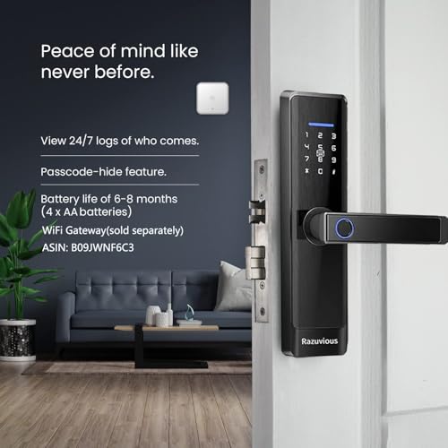 Razuvious Smart Lock,Fingerprint Door Lock with 4585 Mortise.Keyless Entry Bluetooth Lock,Free APP,IC Card,Anti-peep Code,TT Lock App Control,for Home,Office,Apartment (R1)