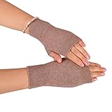 NOVAWO 100% Cashmere Half Fingerless Thumb Hole Warm Gloves Mittens for Men Women, Khaki