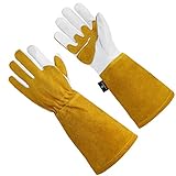 OLSON DEEPAK Grain Leather MIG Gloves with Split Leather Palm Reinforcements, Split Leather Back, Cotton Lining, Seamless Forefinger and Elastic Back (White-Golden)