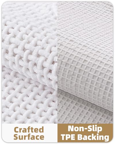 Color&Geometry White Chenille Bathroom Rugs 60x90 cm- Non Slip, Absorbent, Quick Dry, Washable Bathmat Fit Under Door, Thin Bath Mats for Washroom Floor, Woven Shower Mat Outside Shower