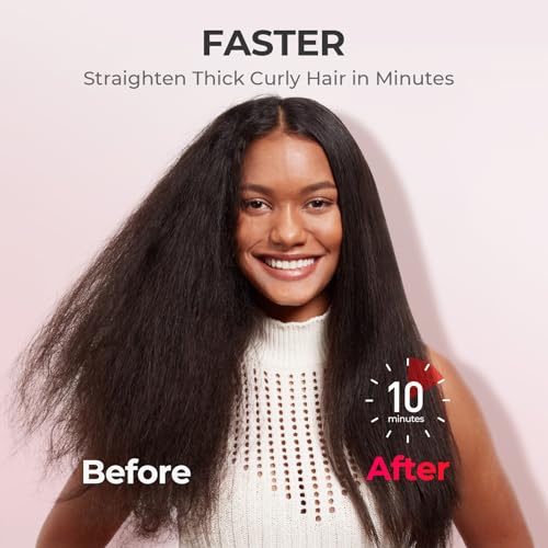 TYMO Ionic Plus Hair Straightener Brush UK, Upgraded Straightening Brush with Dense Bristles for Thick Hair, 16 Temps (80℃~230℃) LED Display, 10 Million ions, Dual Voltage, Hot Comb for Women (Pink)