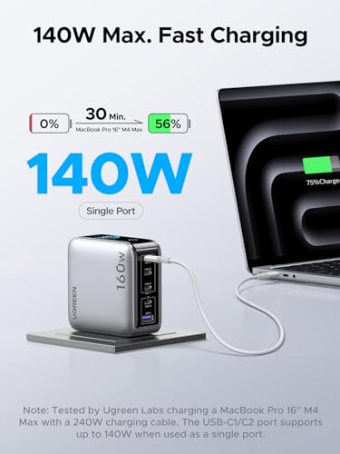 UGREEN 160W 5-Port GaN Charger, Smart Digital Display Screen with Touch Control, 4 USB-C Multi Port Fast Charging Adapter, PD USB C Wall Charger for Laptop MacBook, iPhone 17, GalaxyS26/S25, Pixel 10