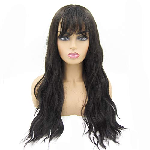 ZM Long Curly Wavy Synthetic Hair Body Wave Wigs for Women Natural Looking Black Wigs with Hair Bangs