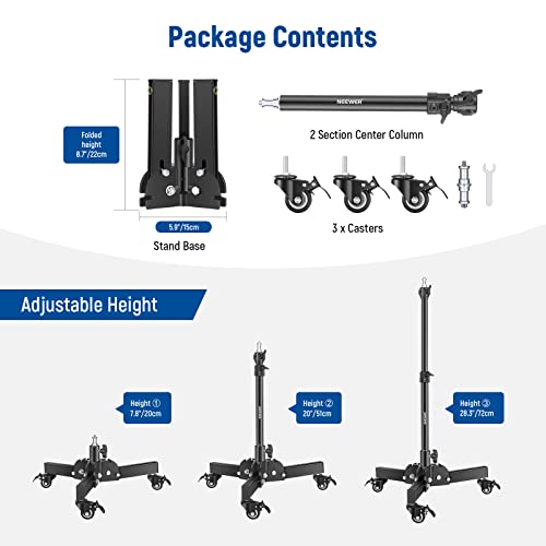 NEEWER Soporte de Luz Resistente con Ruedas, Soporte de Trípode Plegable de Altura Máxima de 2,4 Pies para Tomas de Angulo Bajo/Sobremesa, Soporte de Luz de Fotografía para Softbox