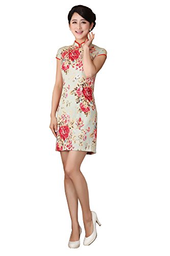 JTC Women Chinese Mini Dress Cheongsam Cup Sleeve Flowers Pattern