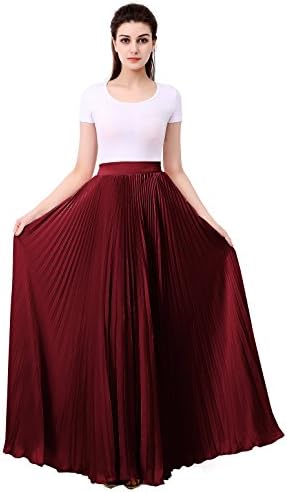 Malishow Women's Retro Pleated Chiffon Long Skirt High Waist Maxi Dress Burgundy XL
