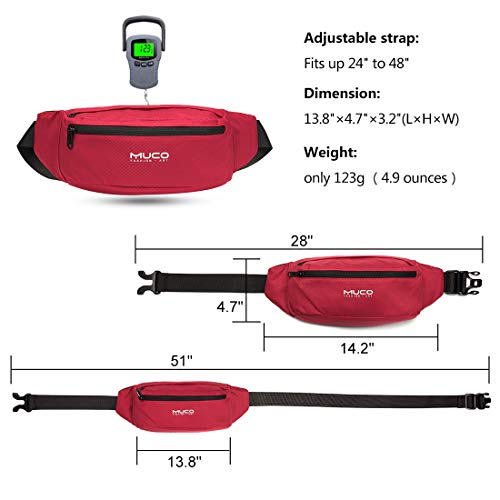MUCO Travel Running Waist Fanny Pack for Women and Men Water Resistant Lightweight Waist Bag Waist Pack Hip Bum Bag with Adjustable Strap for Outdoors Travel Running Hiking Cycling, Red - Thumbnail 7