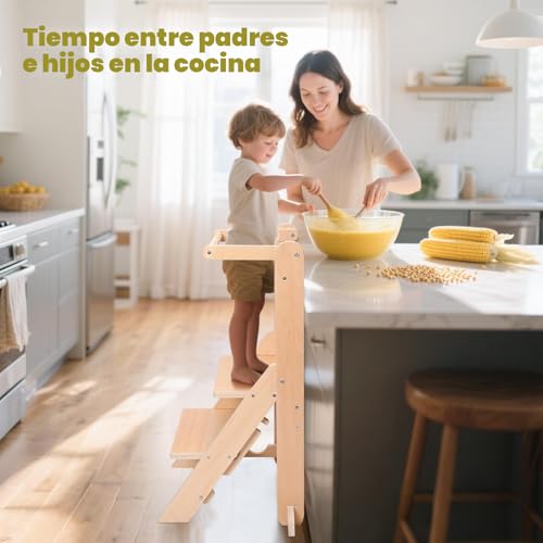 Folding Learning Tower, Observation Tower for 1-5 Year Old, Montessori Learning, Natural Wood Kitchen Helper, Safe and Easy to Assemble (50kg Capacity)