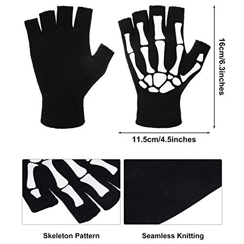 SATINIOR 4 Pairs Skeleton Fingerless Gloves for Women Men Halloween